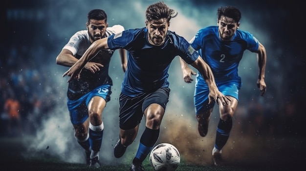 Foto tres jugadores de fútbol luchan por un balón competición dura entrada deslizante estadio de fútbol renderizado 3d ia generativa