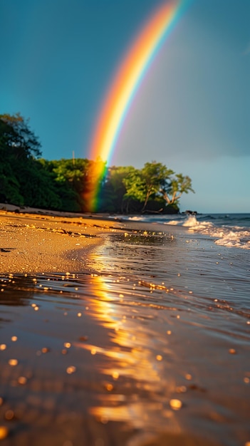 Foto um arco-íris está na praia à noite