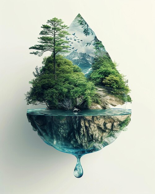 Foto um cartaz 3d mostrando uma gota de água gigante com um ecossistema em miniatura dentro
