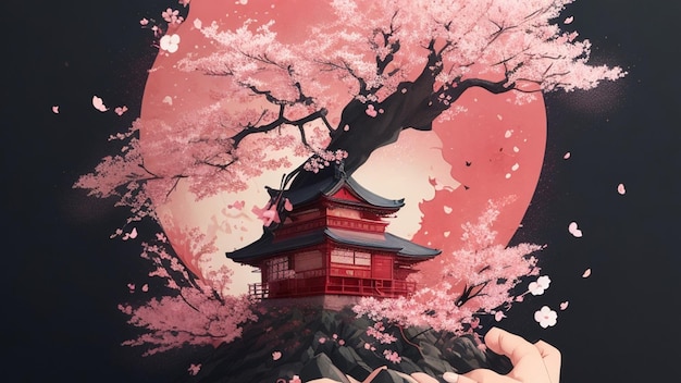 Um cartaz para um santuário japonês com um fundo rosa com um pagode vermelho no meio.