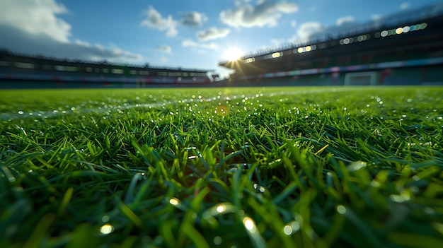 Foto um close-up de um campo de futebol com o sol brilhando na grama