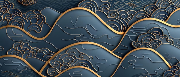 Foto um desenho de onda japonês com ícones convite de casamento oriental e fundo de moldura padrão geométrico e decoração de textura dourada modelo chinês abstrato