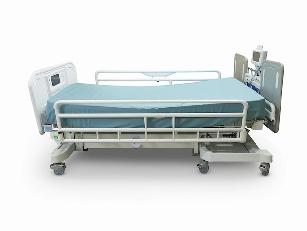Foto uma cama de hospital com um cobertor azul e um lençol branco sobre ele.