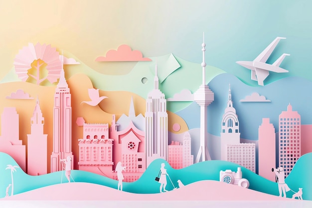 Vektorpapiergeschnittenes Bild einer Gruppe von Fotografen, die verschiedene Aspekte einer Stadt mit pastellfarbenen Gebäuden und Sehenswürdigkeiten aufzeichnen, die die Vielfalt und Schönheit der städtischen Fotografie feiern