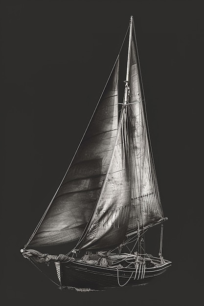 Foto un velero solitario con velas ondulando en el viento estilo boceto de carbón negro y blanco