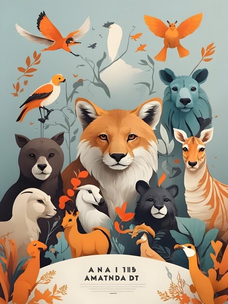 Foto un vibrante diseño de póster minimalista que presenta una variedad de animales que celebran el día mundial de los animales.