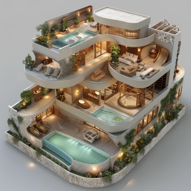 Foto villa de luxo de três andares com piscinas