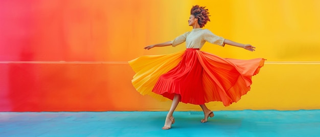 Foto vista extendida de una joven feliz bailando contra un telón de fondo colorido con ropa brillante