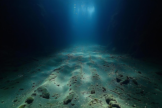 Foto vista submarina del fondo del océano con oscuridad y un espacio vacío en frente el suelo está cubierto