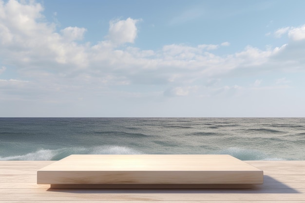 Vitrine à beira-mar aprimorando seu produto com uma plataforma de praia bege contra o pano de fundo do oceano