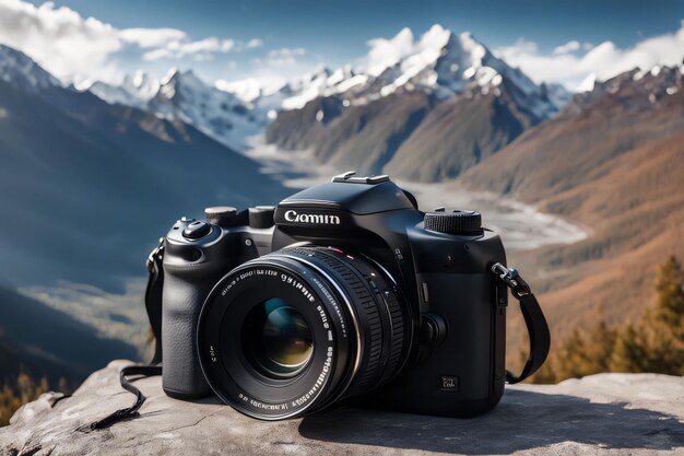 Weltfotografie-Tag-Kamera mit Berglandschaft als Hintergrund
