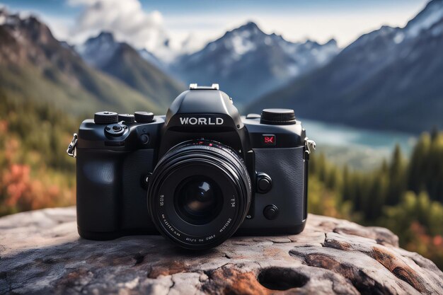 Weltfotografie-Tag-Kamera mit Berglandschaft als Hintergrund