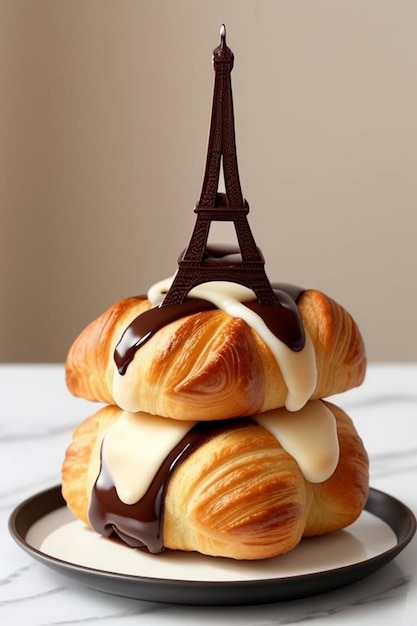 Foto zeitungs-digitalkamera, eiffelturm-souvenir und croissants auf dem tisch