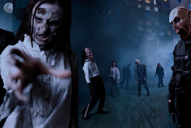 Foto zombis con rostros ensangrentados en la calle nocturna en el centro, ejército de monstruos mortales. horror en la ciudad, ataque de bichos espeluznantes no muertos, apocalipsis del fin del mundo