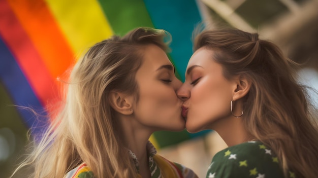 Foto zwei frauen küssen sich vor einer regenbogenfahne