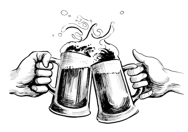 Foto zwei hände mit bierkrügen. tinte schwarz-weiß-zeichnung