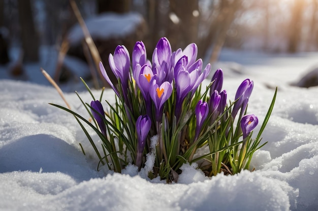 Foto a primavera floresce em meio à neve