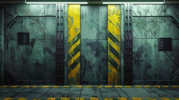 Foto a velha porta do armazém com fita de aviso amarela renderização 3d