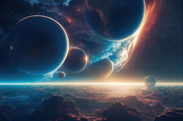 Foto acima da superfície do planeta terra, um desfile de planetas se formou entre os corpos cósmicos renderização em 3d