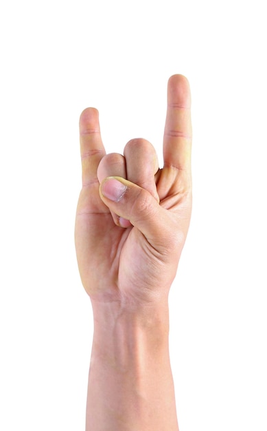 Foto abgeschnittene hand einer person, die das hornzeichen gegen weißen hintergrund gesteht