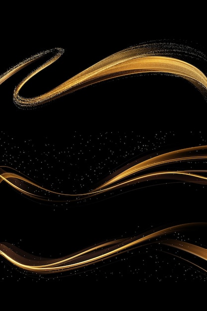 Foto abstracto ondas doradas líneas doradas brillantes en movimiento elemento de diseño en fondo oscuro para tarjeta de felicitación y cupón de descuento