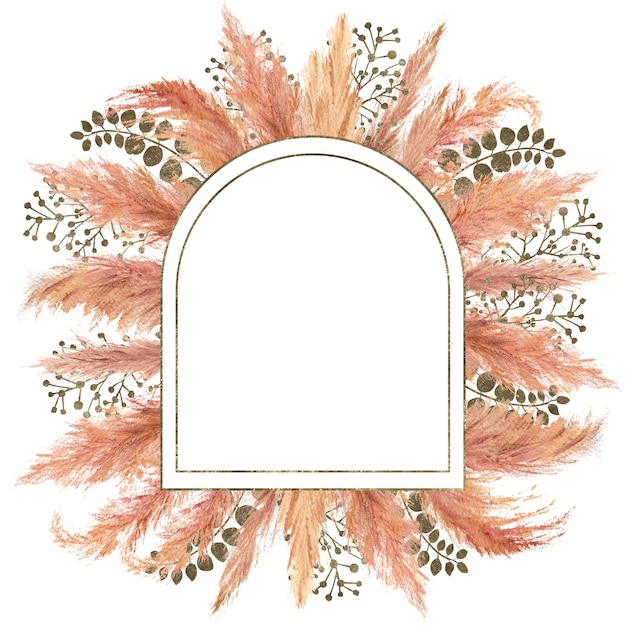 Foto aquarell boho bouquet mit getrocknetem pampasgras und silbernem geometrischem rahmen auf isoliert auf weißem hintergrund. blumenillustration für hochzeits- oder feiertagsgestaltung von einladungen, postkarten, druck