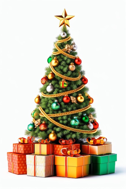 Foto Árvore de natal decorada com luz e caixas de presentes em fundo branco ano novo e feliz natal