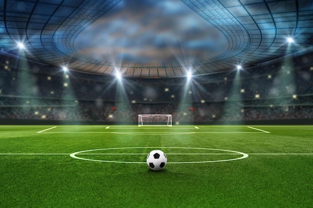 Foto balón en el campo verde en el estadio de fútbol listo para el juego en el