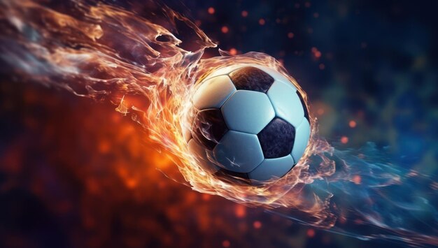 Foto balón de fútbol rápido en llamas ardientes competición deportiva enérgica poder y velocidad partido de campeonato con pasión ardiente ganando con energía brillante