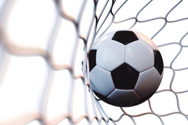 Balón de fútbol de renderizado 3D en la portería en movimiento. Balón de fútbol en red en movimiento aislado sobre fondo blanco. concepto de éxito