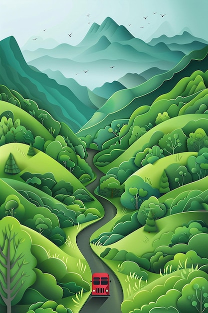 Bergstraßenreise mit einem Fahrzeug, das durch malerische Täler und Gipfel fährt, üppiges Grün, Sommerwärme, Vektorpapiergeschnitten