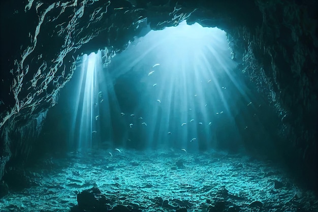 Foto blaue unterwasserhöhle mit felsigem boden und sonnenstrahlen