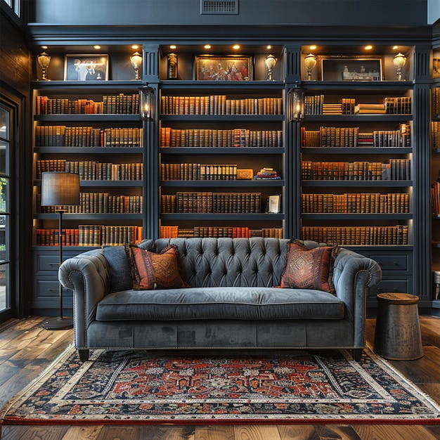 Foto bücherregal in der bibliothek große bücherreihen mit vielen büchern sofa im raum zum lesen von büchern