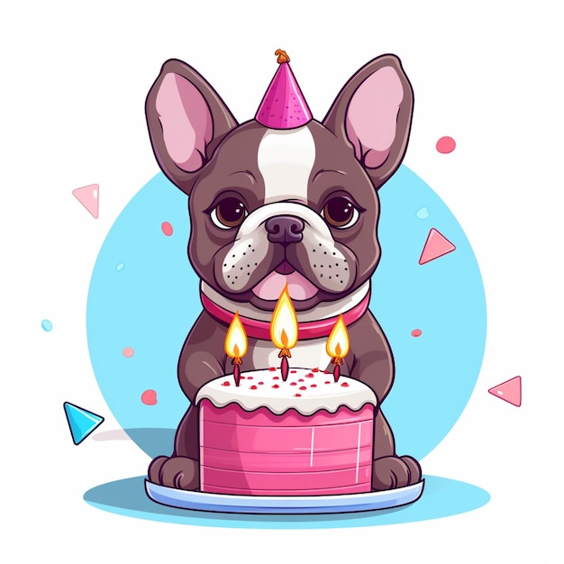 Foto bulldog francés de dibujos animados con pastel de cumpleaños y sombrero de fiesta