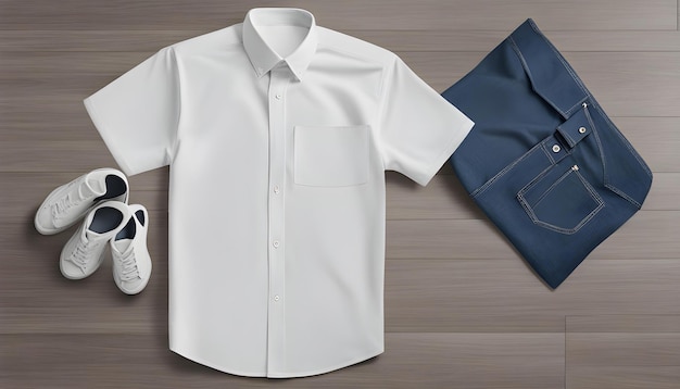 Foto una camisa blanca con un bolsillo azul está acostada en una superficie de madera