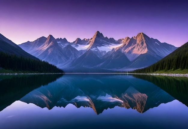 Foto cadena montañosa con picos afilados reflejados en un lago tranquilo bajo un cielo púrpura al anochecer