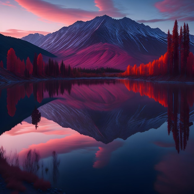 Foto una cadena montañosa se refleja en un lago que tiene un cielo rosado