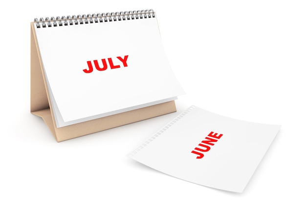 Foto calendario plegable con la página del mes de julio sobre un fondo blanco.