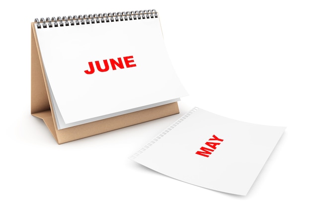 Foto calendario plegable con la página del mes de junio sobre un fondo blanco.