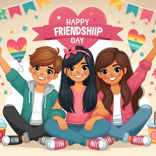 Foto un cartel de amistad feliz con dos niños y una pancarta que dice amistad feliz