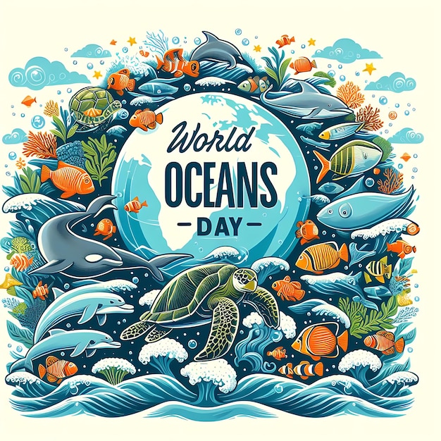 Foto un cartel para el día mundial de los océanos con corales y corales