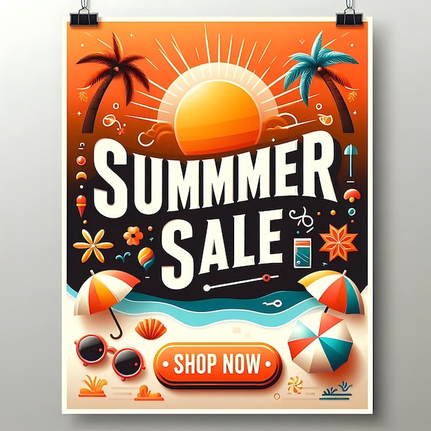 Foto un cartel para la venta de verano con palmeras y un sol en él