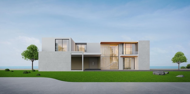Casa moderna de luxo na grama com vista para o mar e céu azul Conceito para imóveis ou propriedades