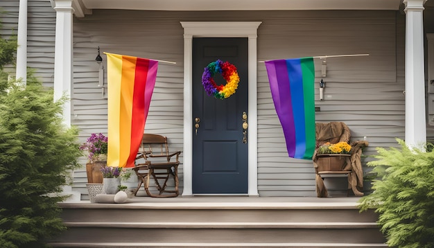 una casa con una bandera arco iris en la parte delantera