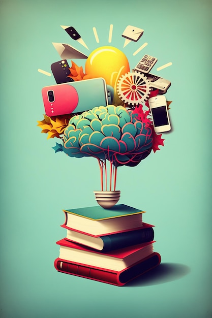 Foto cerebro de bombilla y pila de libros sobre fondo verde pastel ilustración generativa de ia