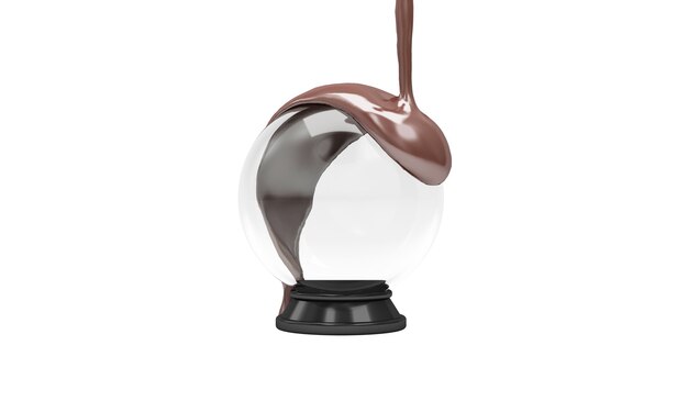 Foto chocolate con leche derretido vertiendo sobre una bola de cristal vacía sobre fondo blanco.