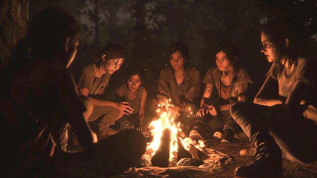 Foto cinco mulheres jovens diversas sentam-se em torno de uma fogueira na floresta à noite iluminadas pelo fogo