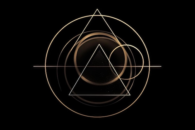 Foto composición minimalista de triángulos y círculos sobre fondo negro creado con ai generativo