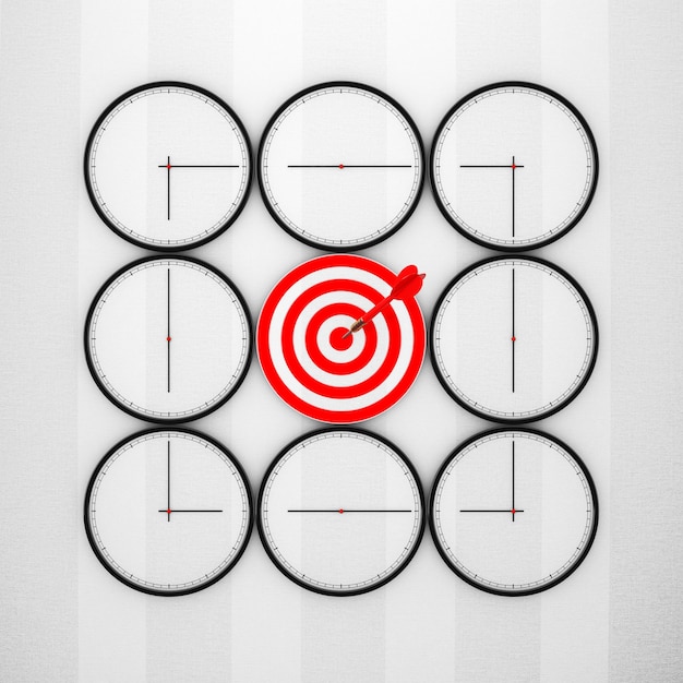 Foto concepto de fecha límite. relojes abstractos con target y dart arrow extreme closeup. representación 3d.