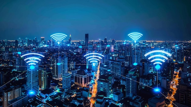 Foto conexión de red inalámbrica y concepto de paisaje urbano con el fondo de la ciudad por la noche en una ciudad moderna concepto de tecnología de redes inalámbricas con fondo de ciudad
